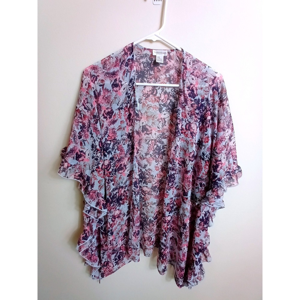 Motherhood Maternity Kimono Women OS Pink Floral Excellent Ruffle Chiffon Top